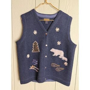 Vintage 90s Woolrich 100% Wool Winter Vest LG – Polar Bear, Snowshoes, Ski Scene
